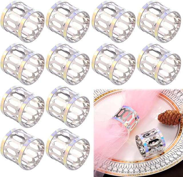12 Pcs Metallic Napkin Rings,Liwein Napkin Ring Holders Universal Napkin Rings Serviette Ring Holder Silver Napkin Buckles for Wedding Party Holiday Banquet Dinner Table Decoration Napkin Rings