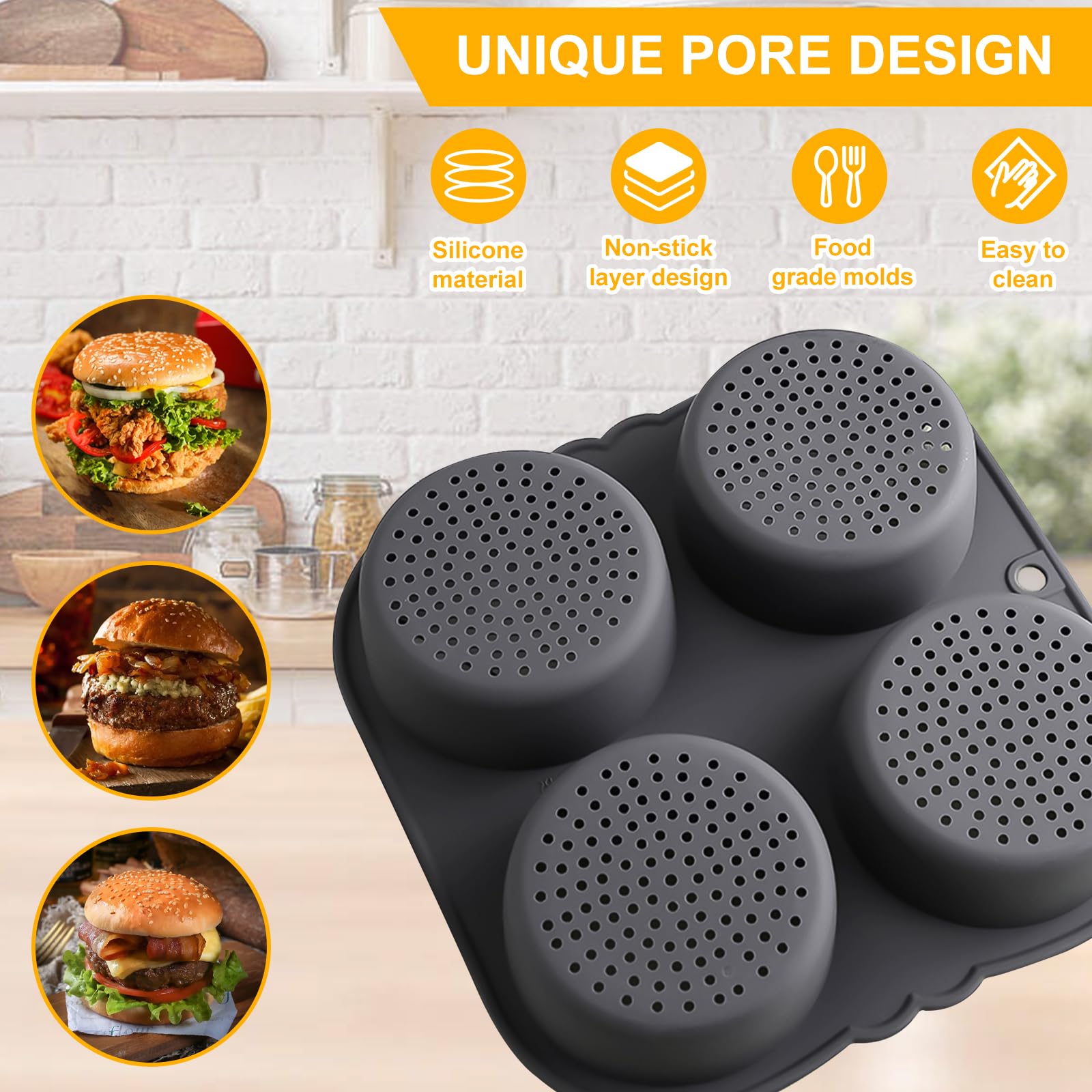 Moule à Pain Hamburger Silicone 4 Trous 10cm - Anti-adhésif Avec Brosse Pour Burgers Et Petits Pains