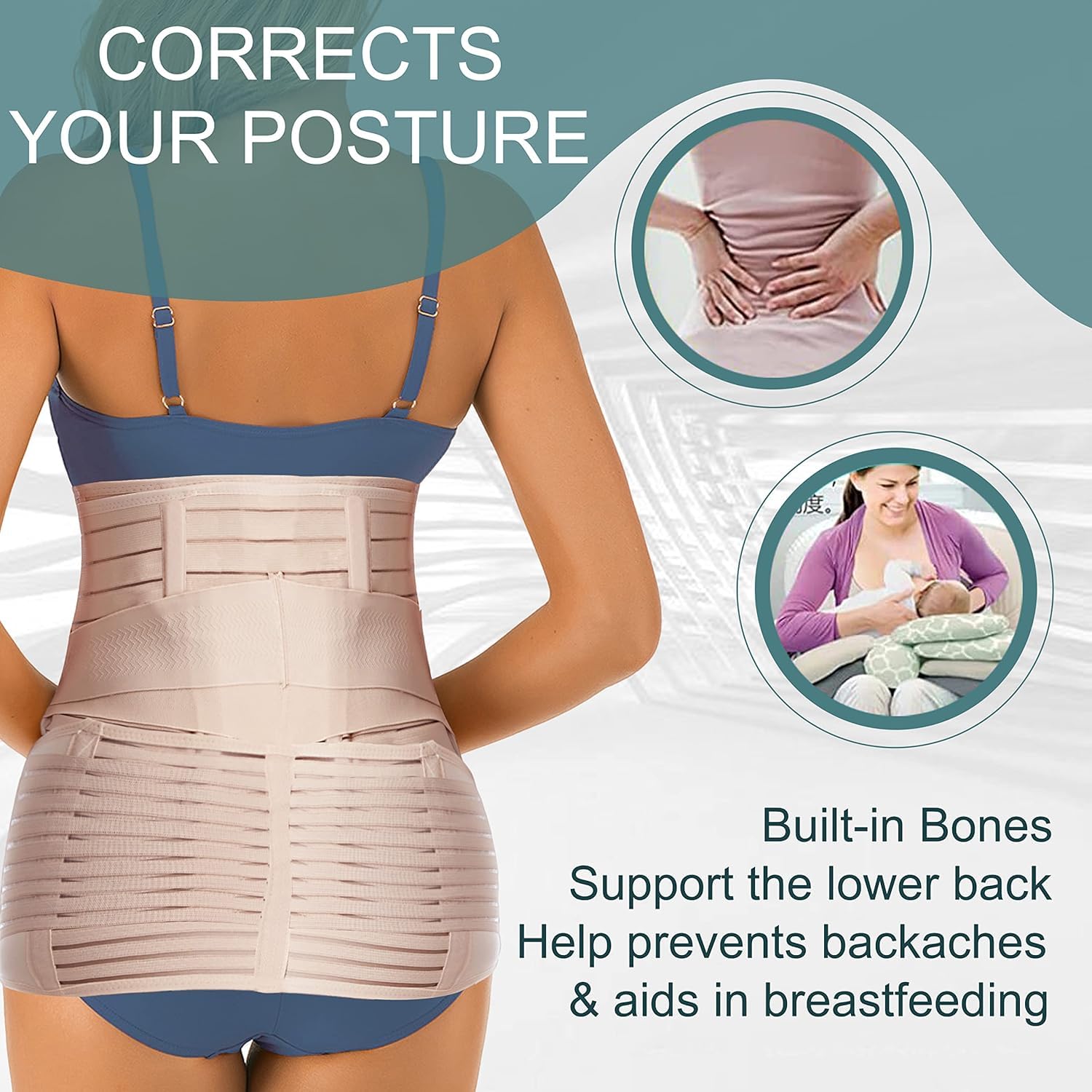 3 in 1 Postpartum Support - Recovery Belly Belt Free Size Abdominal Support for Post Delivery, Slimming Waist, Lower Back Pain, Tummy Reduction Belt for Belly After Delivery C-Section (Skin)