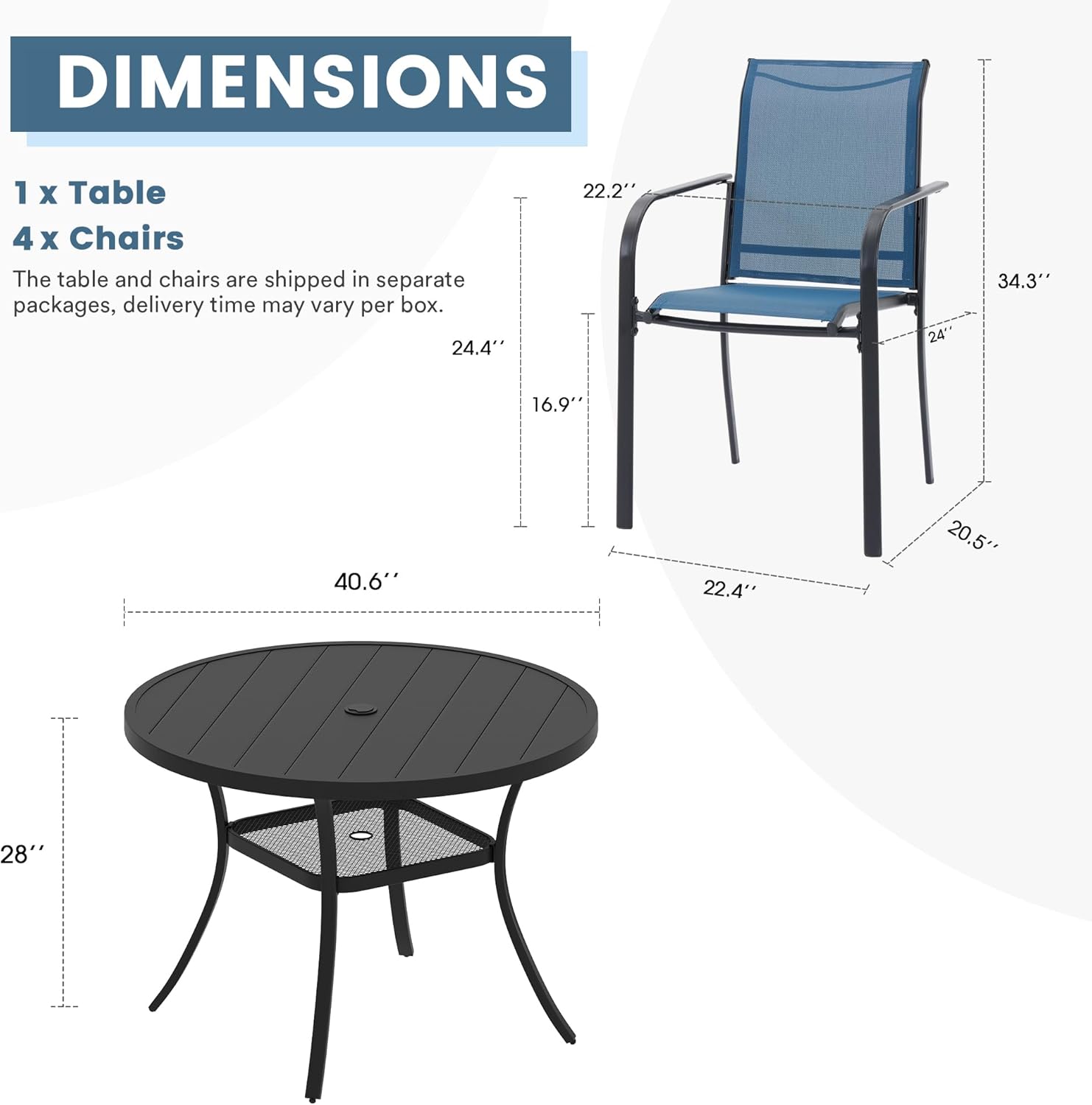 DIFY Outdoor Dining Set for 4, Patio Dining Furniture Set Includes 42" Black Round Table with Adjustable Umbrella Hole and 4 Blue Stackable Metal Chairs for Poolside, Garden, Backyard