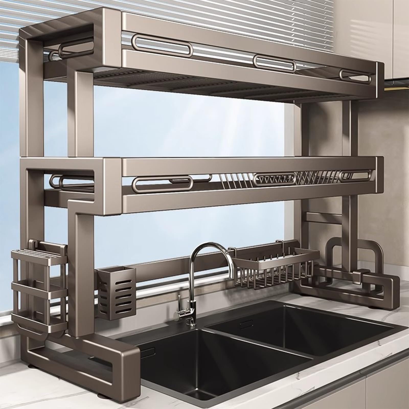 Over The Sink Dish Drying Rack, Above Sink Drainer Rack for Kitchen Counter, Multifunctional Carbon Steel Storage Organizer, 2 Tier Dryer Rack(56cm/22in)