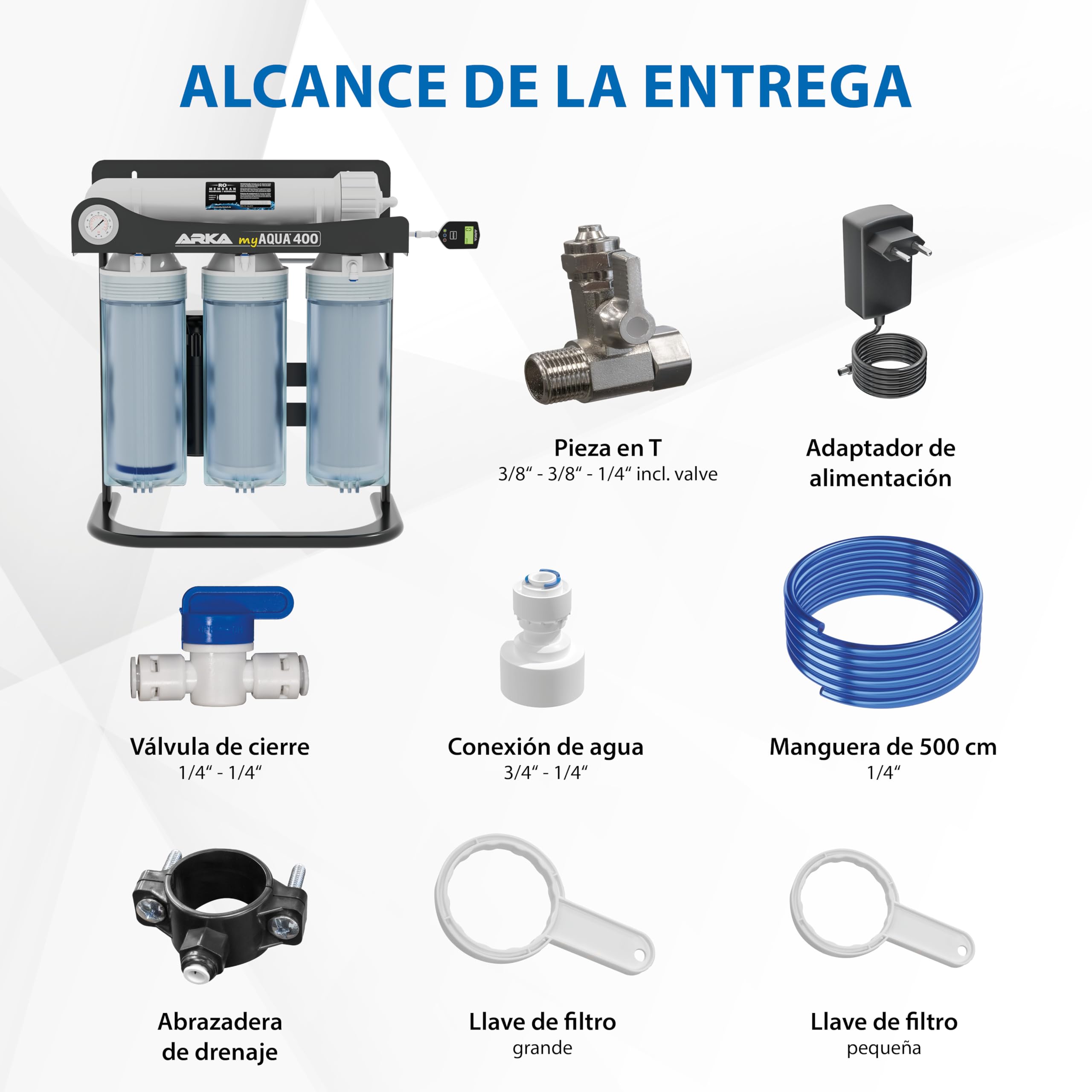 Sistema de ósmosis inversa ARKA myAQUA 400 – hasta 400 l/día con bomba de presión – elimina 99 % de sales y contaminantes – agua pura para acuarios y hogar – kit completo con TDS y manómetro