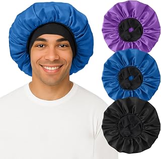 3Pcs Bonnets for Men Satin Bonnet for Sleeping Women Silk Hair Cap with Soft Elastic Band Mens Bonnet for Curly Hair Braids(Color 01)