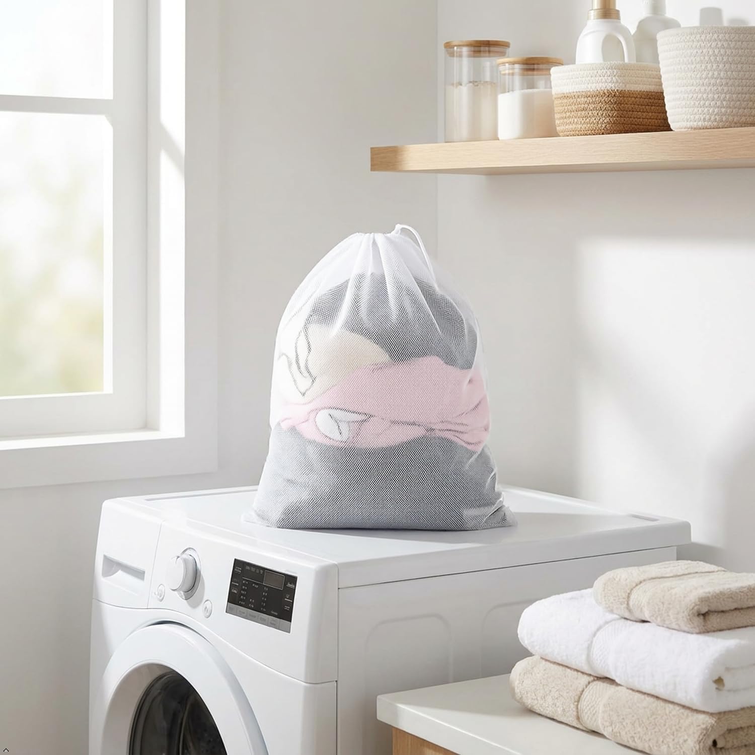 Mesh Laundry Bags, Extra Large Drawstring Bags, White, 23 x 34 Inches, for Clothes, Travel, Dorm, 3 Pack