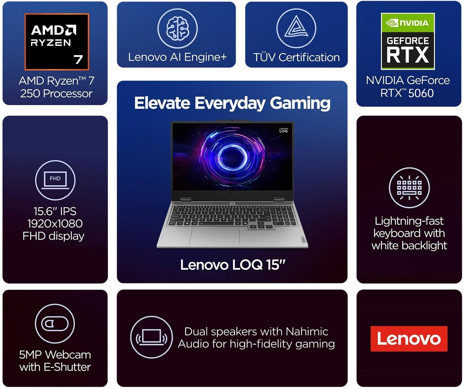 Lenovo LOQ RTX 5060 Gaming Laptop, 15.6" FHD 144Hz NVIDIA G-Sync Display, AMD Ryzen 7 250, NVIDIA GeForce RTX 5060, 16GB DDR5 RAM, 512GB SSD, 5MP Camera, Ethernet (RJ45), Backlit KB, Win 11 Pro