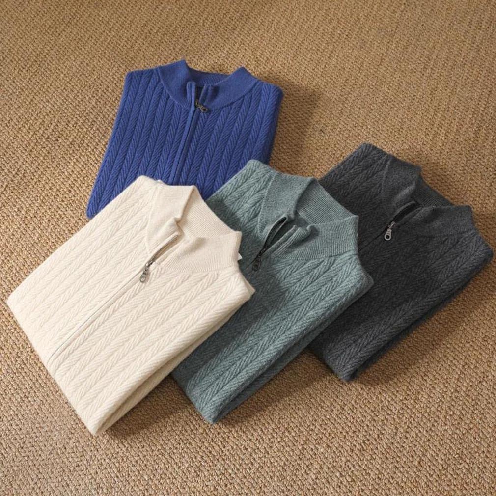 Men's Fall Winter Top Merino Wool Knit Sweater Zipper Stand Up Collar Knitted Cardigan