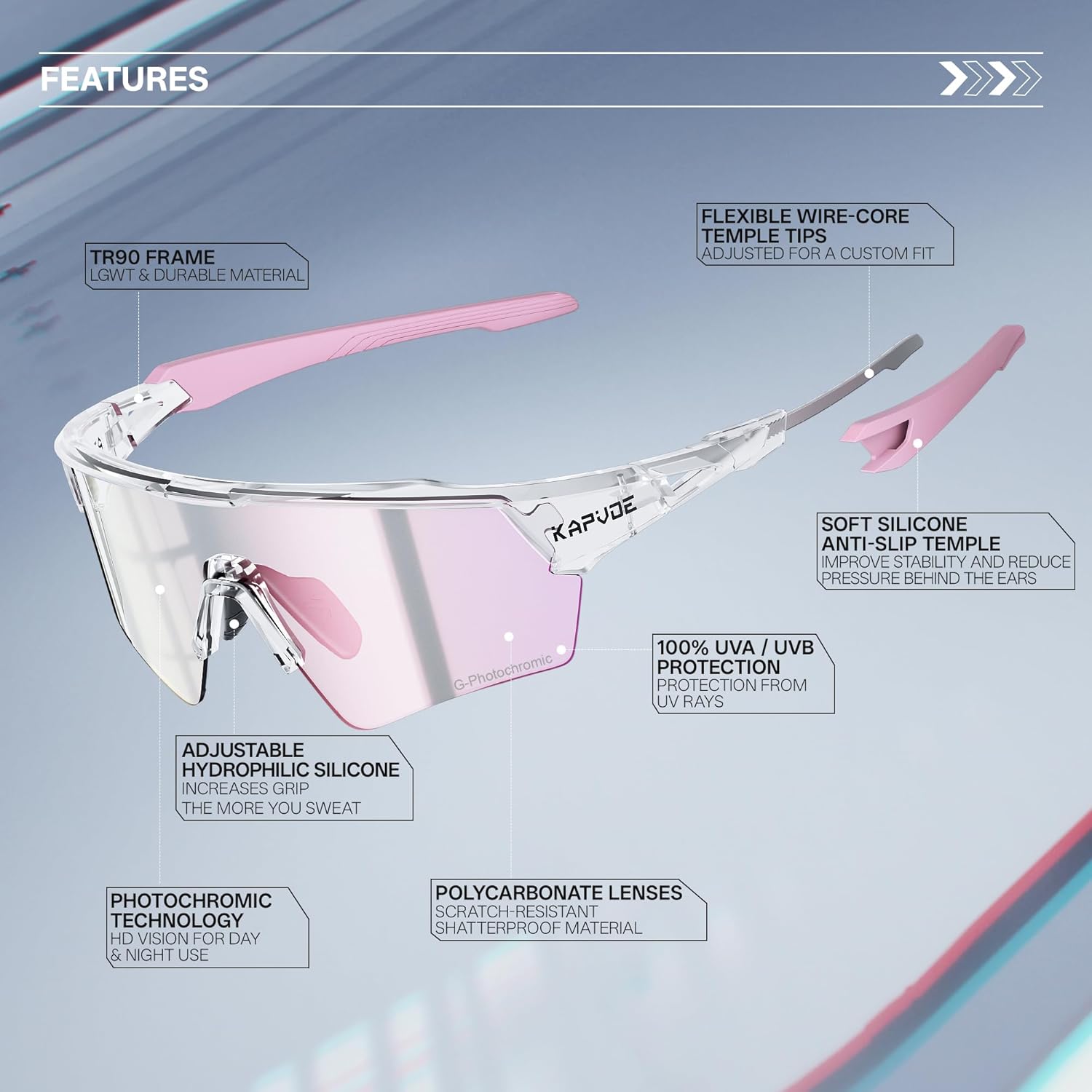 KAPVOE Photochromic Cycling Glasses Men Women Sport Sunglasses UV Protection Mountain Bike Glasses MTB Riding Running K198