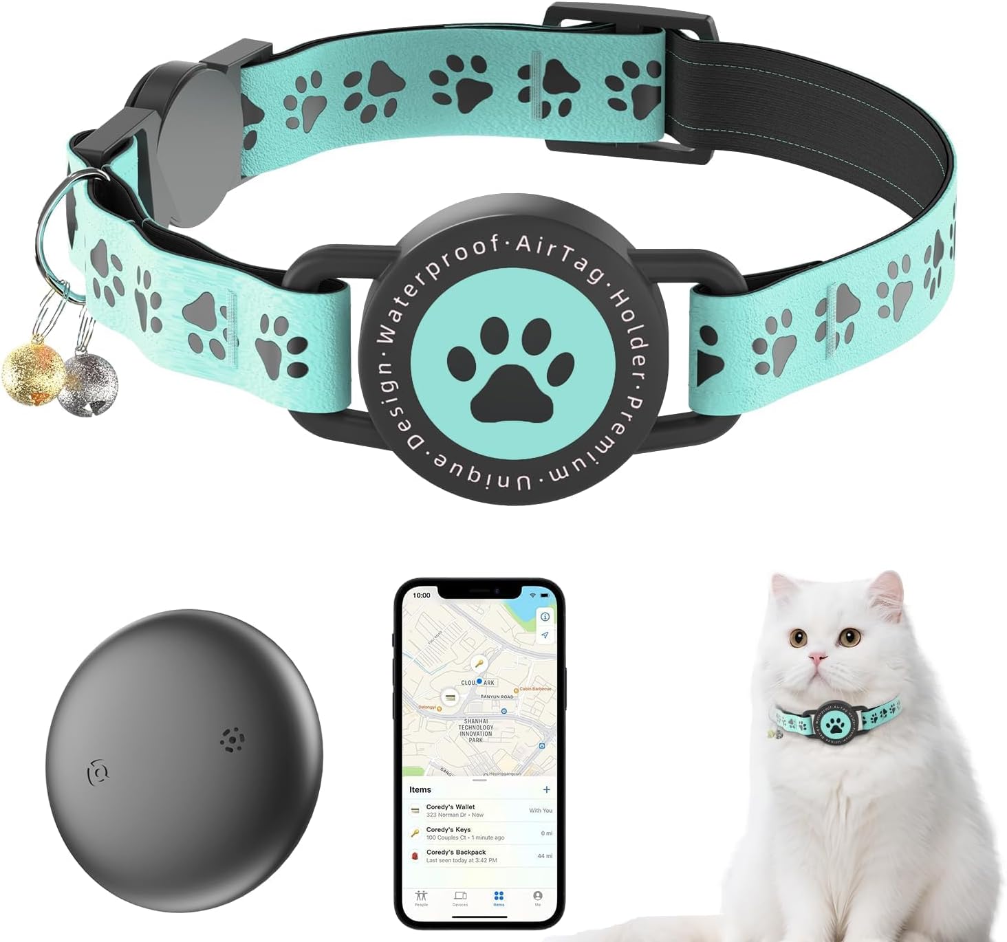 (Pink) GPS Tracker for Cats, Waterproof GPS Cat Trackers Cats Collar with Bells, No Subscription, GPS Cat Collar, Adapt with Apple Find My (iOS Only) Finder Tag for Vehicles, Pets, Kids