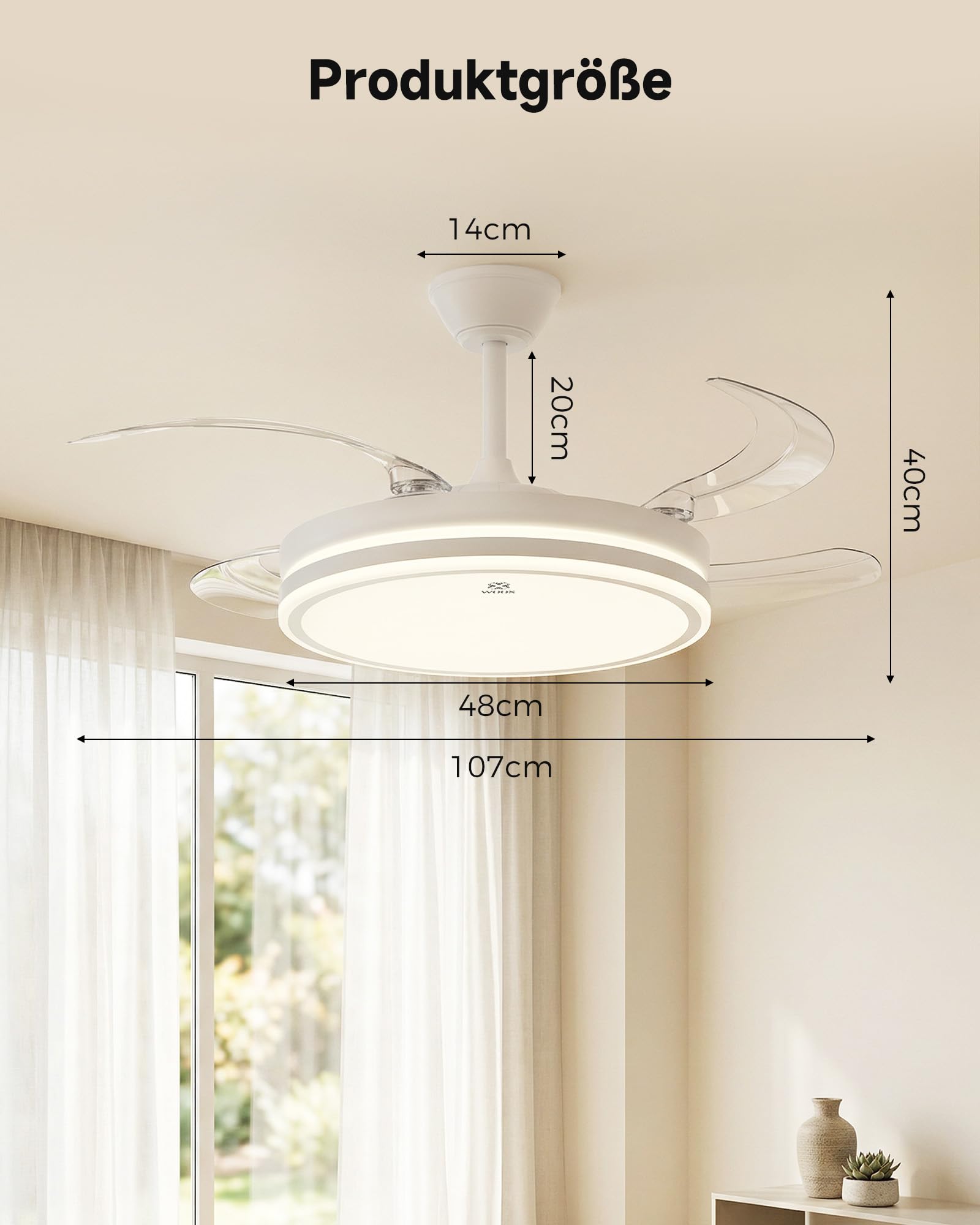 WOOX Deckenventilator mit Beleuchtung 107 cm (42") | 50W LED stufenlos dimmbar (CCT), leiser 30W DC-Motor, 4 ausziehbare Flügel, 6 Stufen, Sommer/Winter-Modus, Fernbedienung