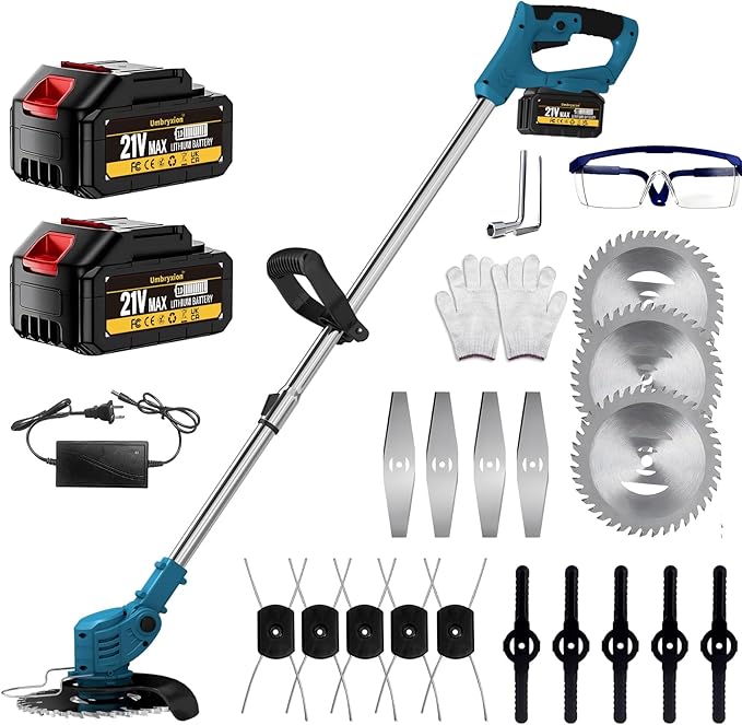 Cordless Grass Strimmer, 21V Electric String Trimmer with 2 x 4000mAh Battery, Ultra-Lightweight ABS Body & Pure Copper Motor, Adjustable Metal Blades for Garden Lawn Edging