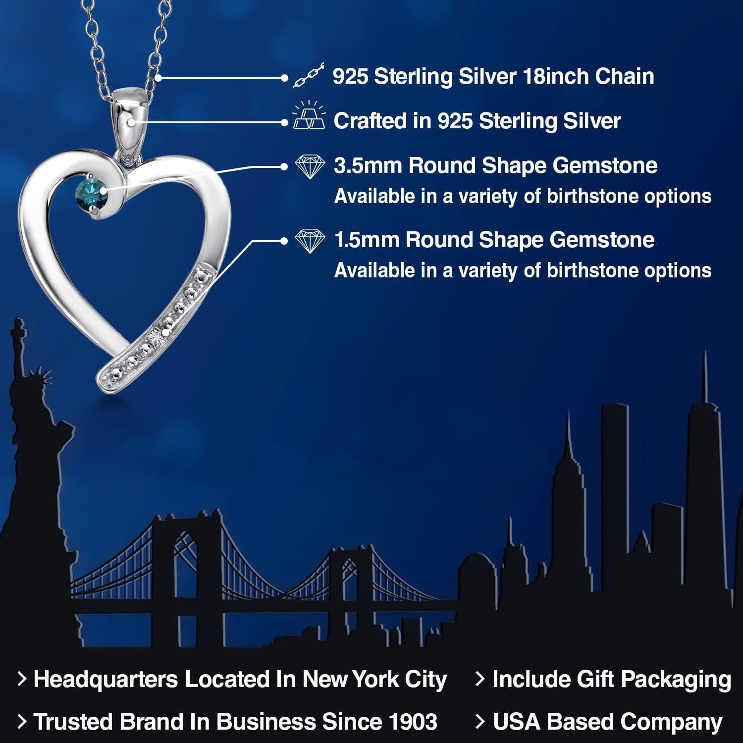 Gem Stone King 925 Sterling Silver Blue Diamond and White Moissanite Heart Pendant Necklace for Women | 0.17 Cttw | Gemstone April Birthstone | Round 3.5MM | With 18 Inch Chain - Image 2