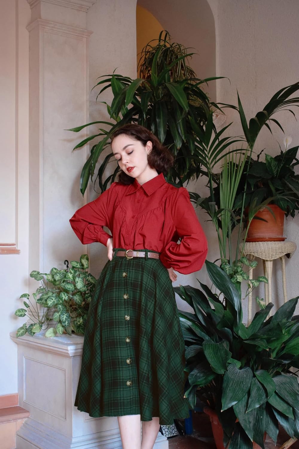 Belle Poque Women's Plaid A-line Skirt Vintage Pleated Flared Midi Skirts Fall Winter Skirts with Pockets & Belts - Image 2