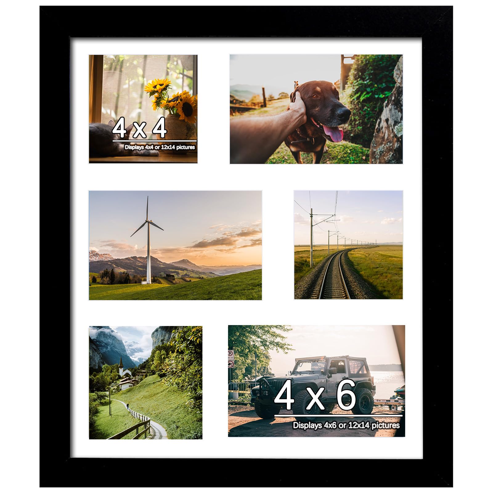 12x14 Picture Frame, Collage Picture Frame, Display Three 4x4 inch Photos and Three 4x6 inch Photos, for Available Horizontal Wall Mounting Display and Vertical, Black.