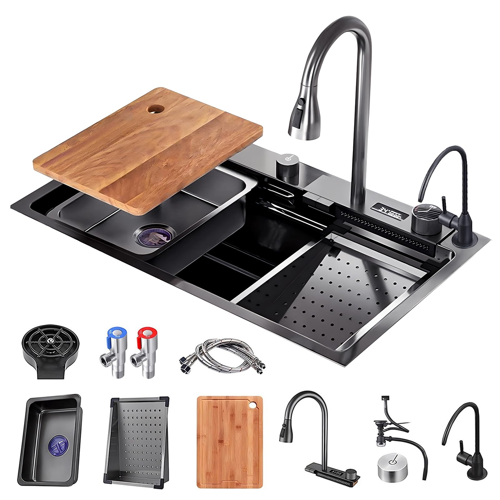 WIQUYBML Smart Waterfall Kitchen Sink With Pull Out Faucet, Multifunctional Workstation Cup Washer & Drain Accessories, Ideal For Bar Prep, Farmhouse Upgrade (Size : 75x46x22cm)
