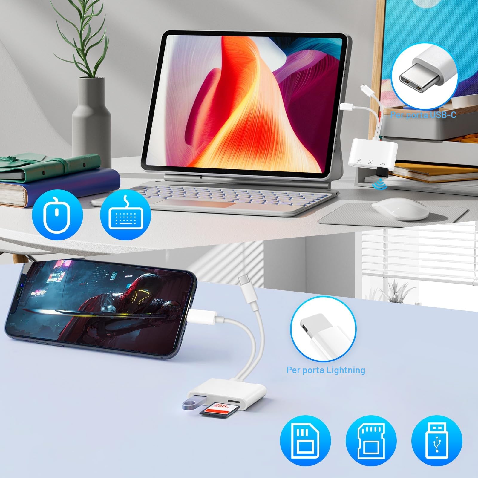 Loydia Adattatore Lettore di Schede SD per iPhone, Lettore Scheda SD per PC USB C, Lettore per Fotocamere da Lightning a Scheda SD/MicroSD, Compatibile con iPhone 15/14/12/Laptop/Tablet, Plug and Play
