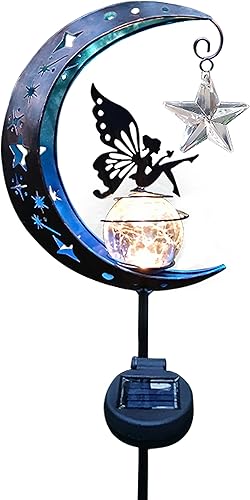 Luna al aire libre con luz solar de hadas, estaca de jardín, 34 pulgadas, decoración de jardín de hadas, decoración para césped exterior, luces