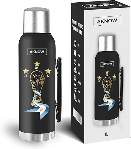 Miniatura 1 de Thermo Argentino Copa del Mundo Botella de acero inoxidable con Bandera Argentina 1LT (negro)