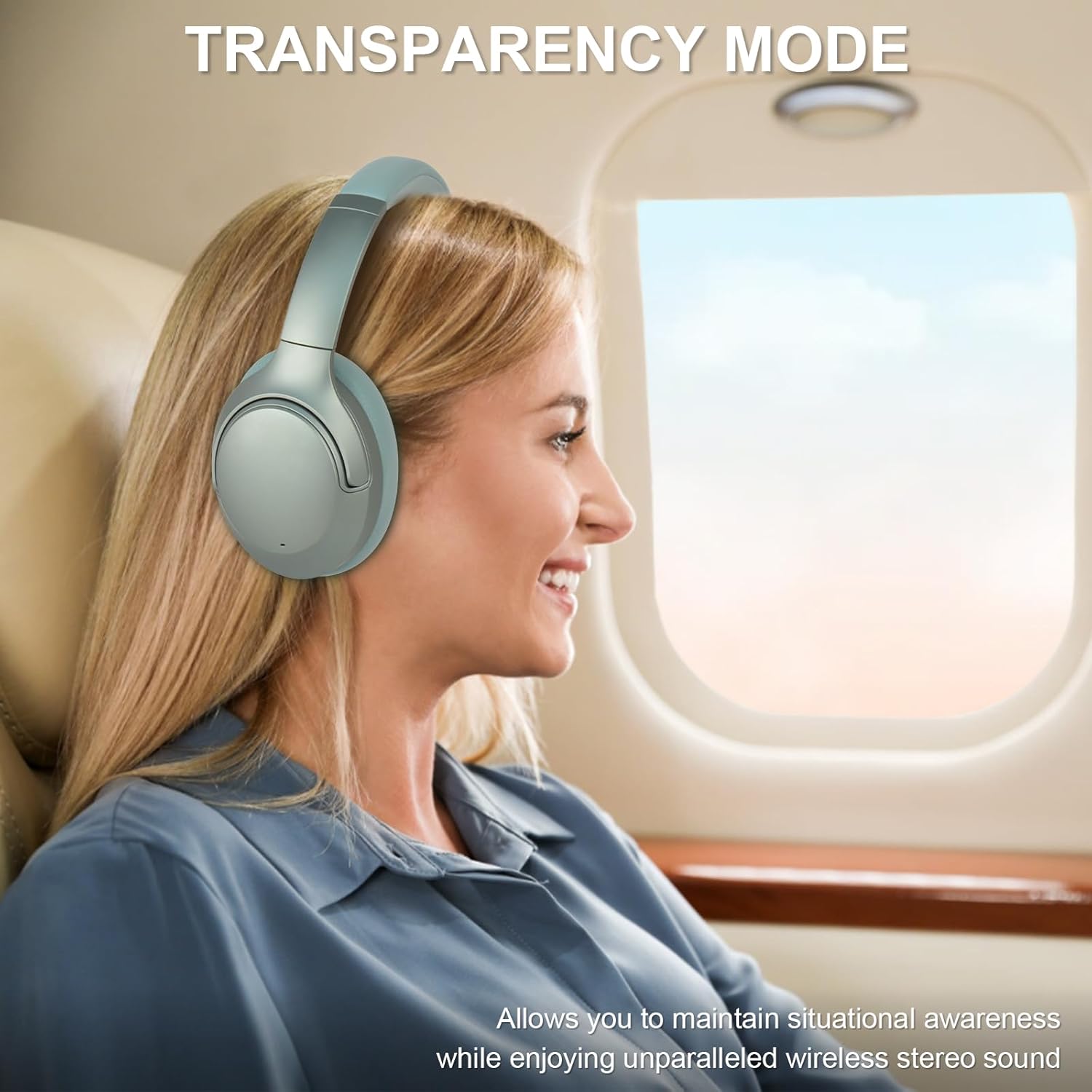 Woman wearing T-fun NC50 headphones in Transparency Mode on an airplane