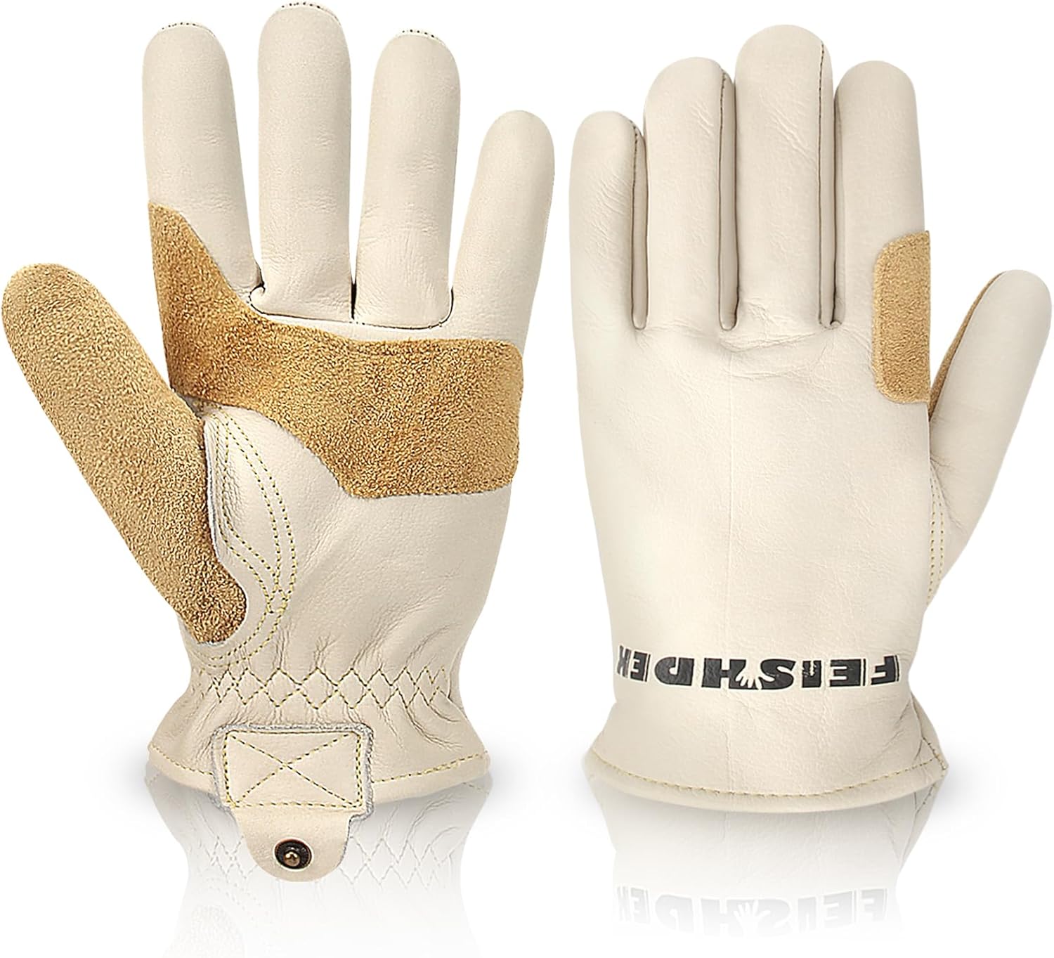 Waterproof Winter Work Gloves, Cowhide Leather, White & Tan, Cold Weather Protection, Anti-Lost Buckle for Carpentry