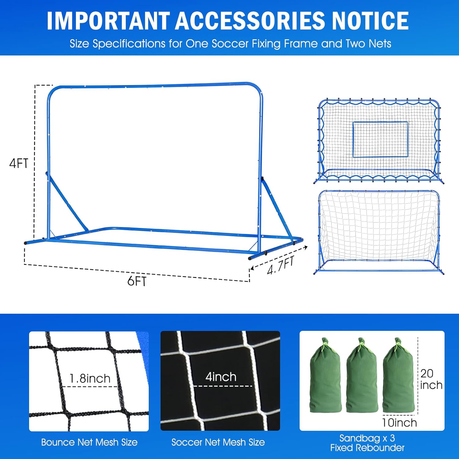 6X4FT Soccer Goal Net with Soccer Net Hook and Loop Fastener Straps