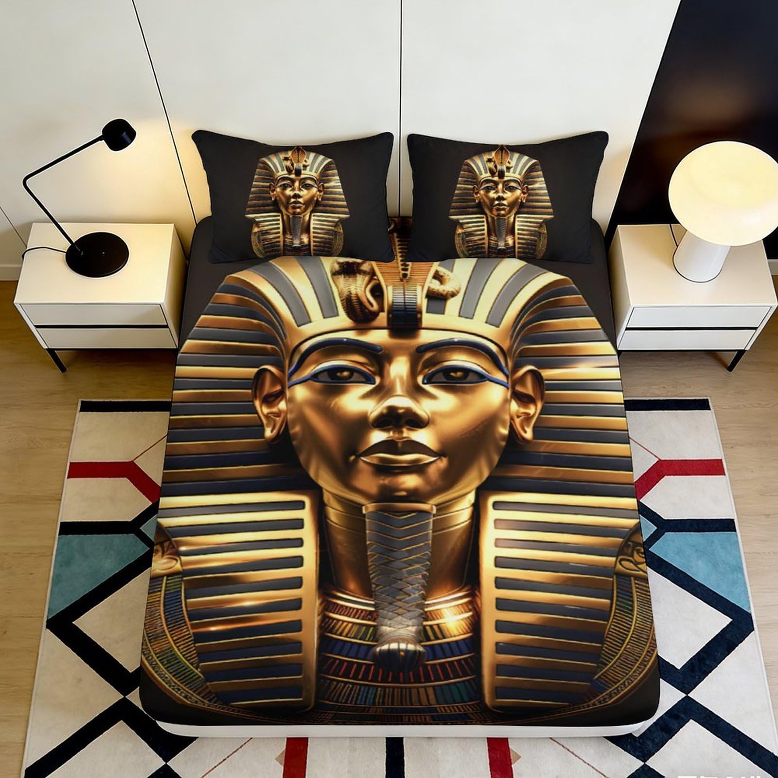 3D Printed Egyptian Pharaoh Fitted Sheet Microfiber Soft Durable 3D Printed Ancient Mask Bed Cover for Bedroom Dormitory Guest Room Protection 180x200x25cm