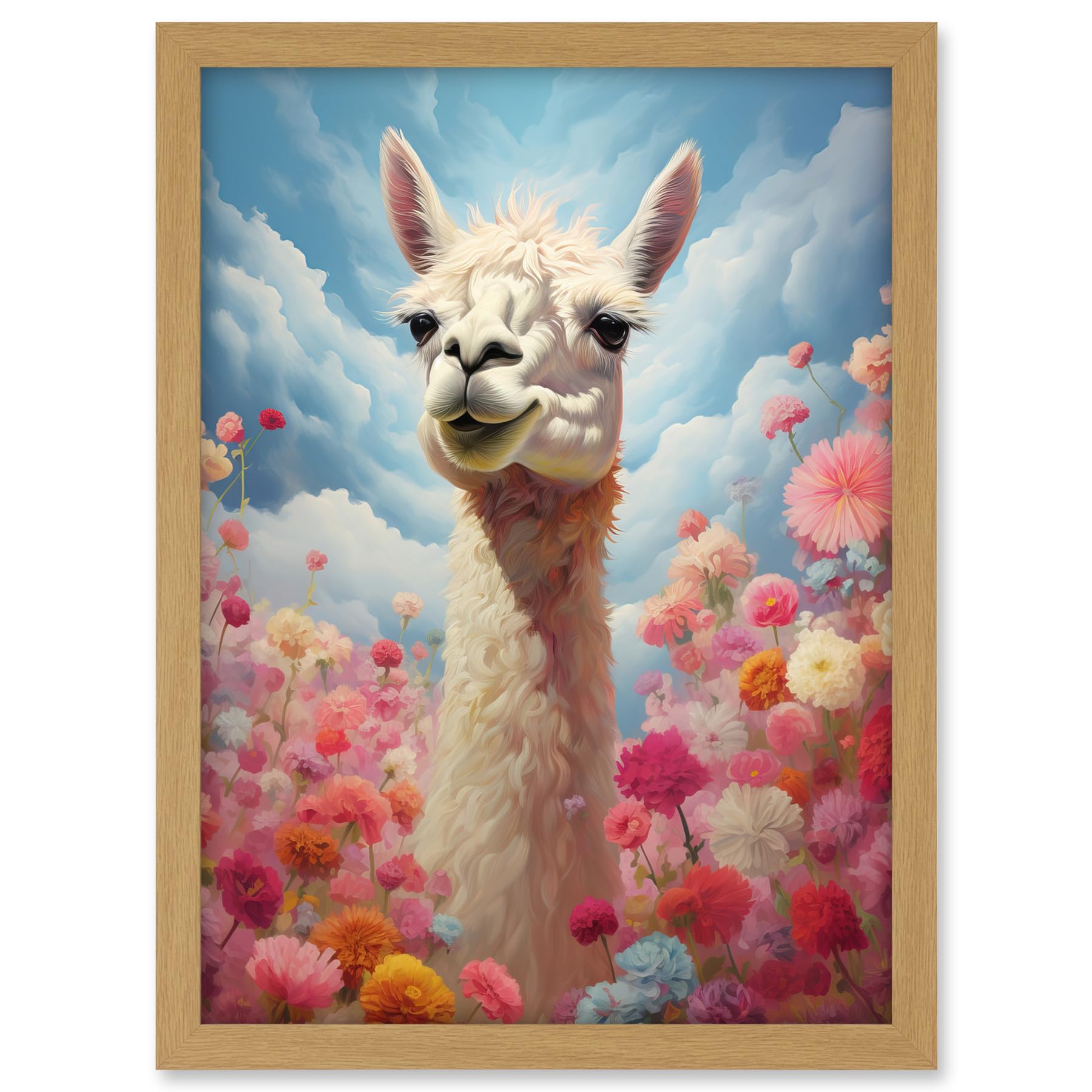 Artery8 Happy Llama Peeking Head Over Pink Flowers Bright Colourful Artwork Kids Bedroom Dreamy Spring Meadow Artwork Framed A3 Wall Art Print