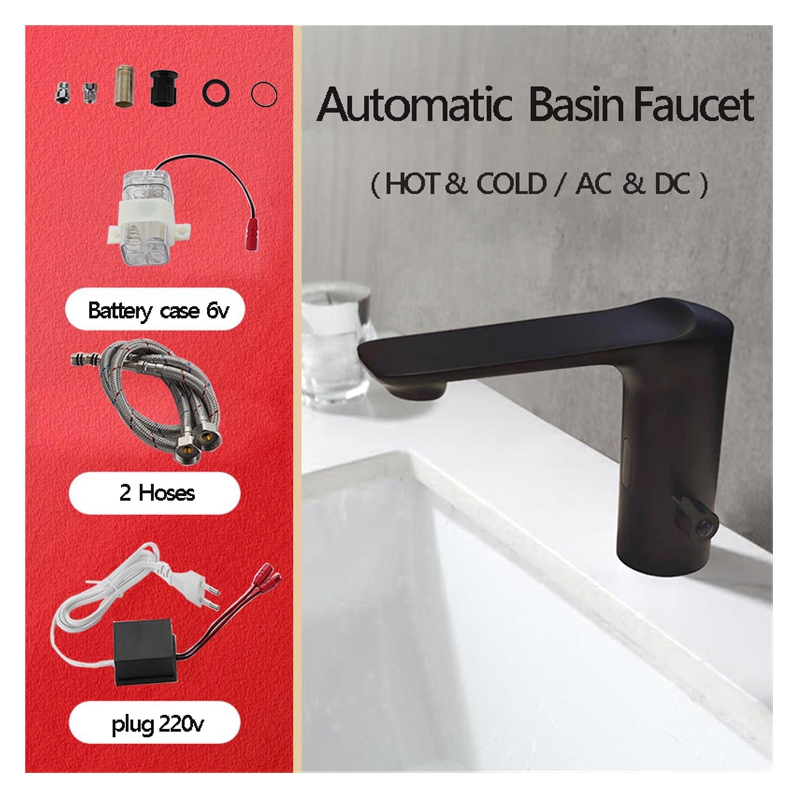 Robinet Intelligent Noir Robinets De Lavabo Automatiques Corps En Laiton Cuivre Mélangeur Eau Froide Et Chaude Ac 220 V Et Dc Batterie Électrique 6v