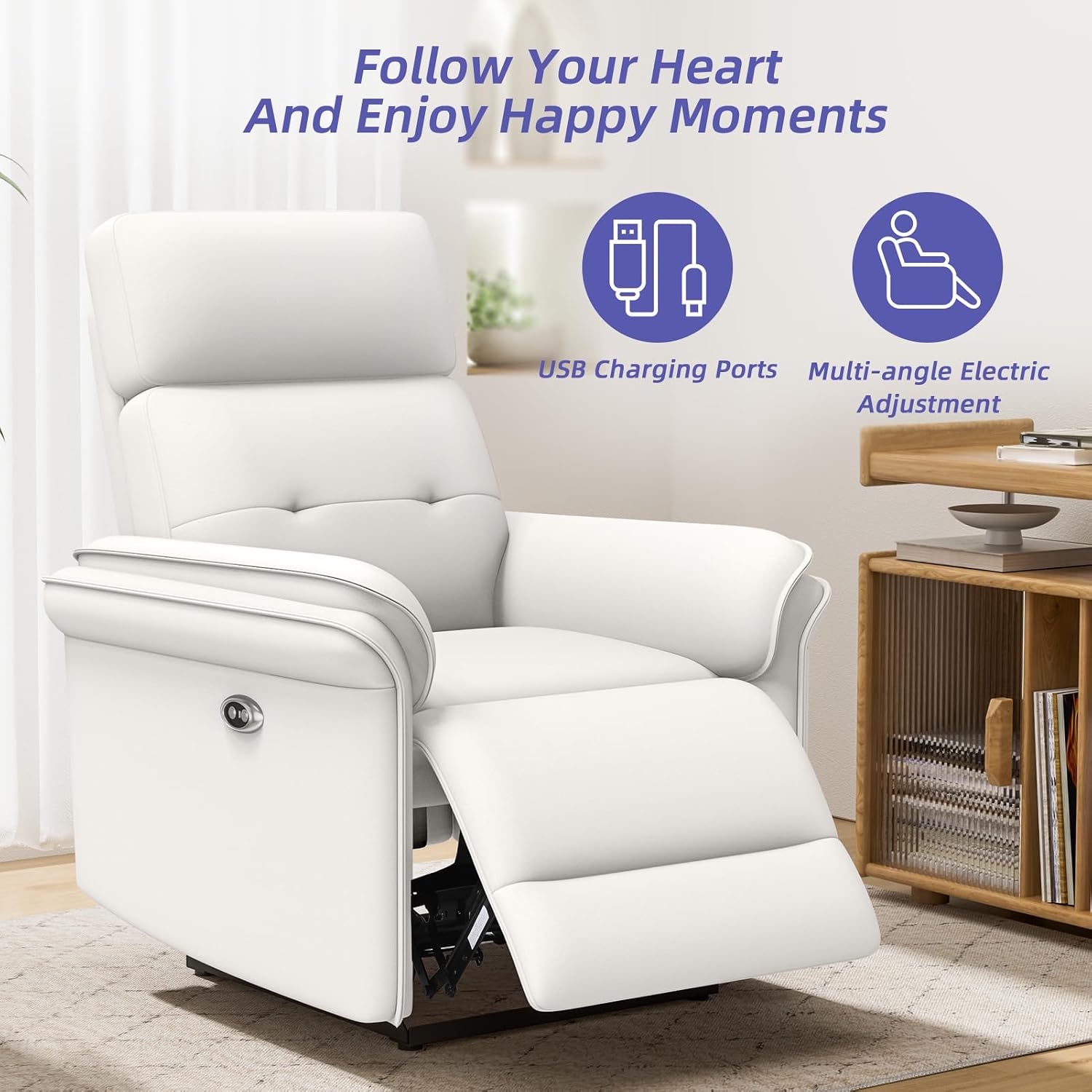 BedsPick Fabric Power Recliner Chair, Ultra-Comfy Velvet Reclining Chair with Overstuffed Arms & USB Port, Recliner Chairs for Adults, Modern Recliner for Living Room, Bedroom(Off White)