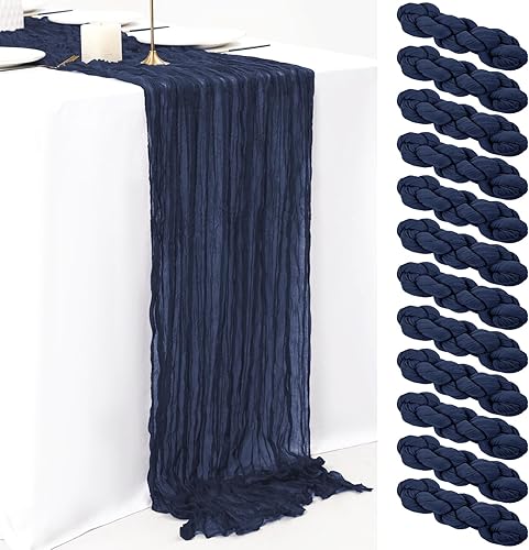 Paquete de 12 caminos de mesa de gasa azul marino de 10 pies de 35 x 120 pulgadas, camino de mesa bohemio de gasa de queso, camino de mesa vintage