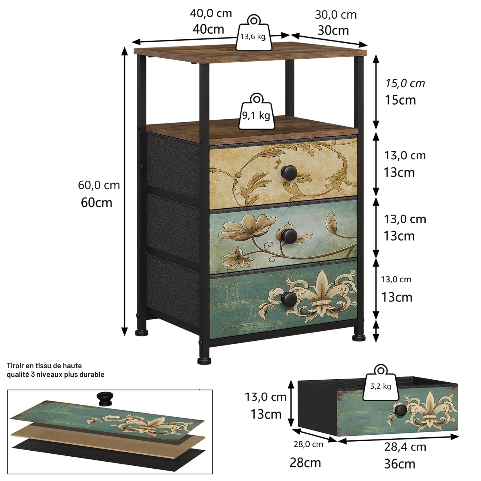 VEDECASA Commode avec 3 tiroirs et étagère ouverte Armoire commode Coiffeuse bohémienne Armoire de rangement Table de chevet Table d'appoint pour salon chambre à coucher Cadre en acier stable Plateau