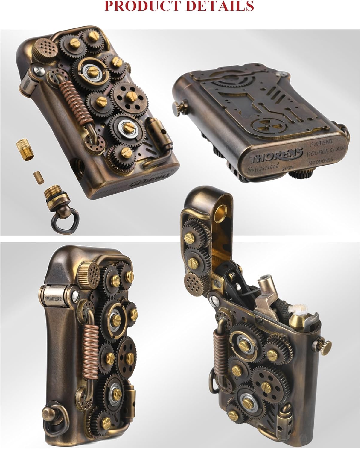 Retro Steampunk Brass Kerosene Lighter, Cool Lighters,Automatic Ignition, Refillable, Mechanical, Gears, Linkage, Complex, Collectible, Gift for Men, Thorens Steampunk-Abyss Coil