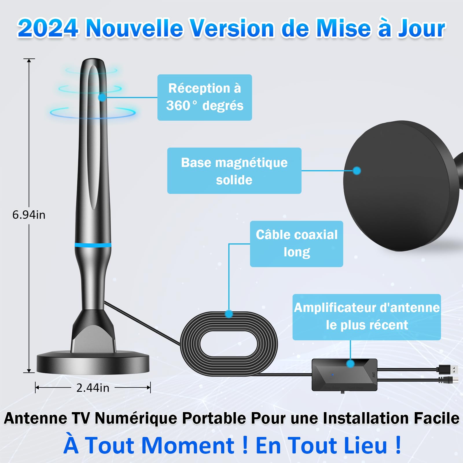 Antenne TV Intérieure Puissante 2025 – Réception 420 Km, Amplificateur Gain élevé, Base Magnétique – TNT HD 4K