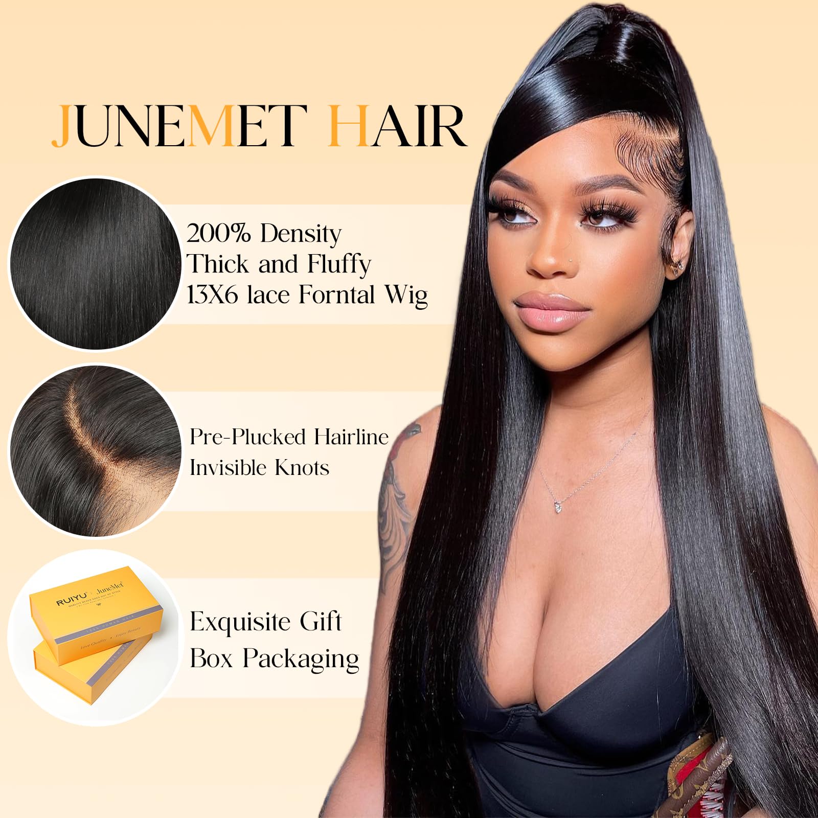 Junemet 32 Inch 13x6 200% Density HD Lace Front Wigs Human Hair Wig Bone Straight Human Hair Wigs Glueless Real Brazilian Virgin Human Hair Lace Frontal Wigs Pre Plucked for Women - Image 4
