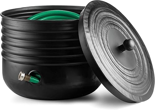 Ribbed Steel Garden Hose Pot Holder with Lid Black 16 x 12 Inches | Hose for Outside|Hose Pot Container Magnetic Steel, Black
