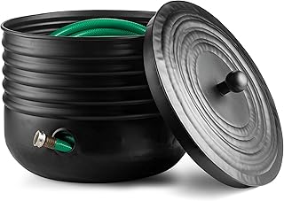 Ribbed Steel Garden Hose Pot Holder with Lid Black 16 x 12 Inches | Hose for Outside|Hose Pot Container (Magnetic Steel, Black)