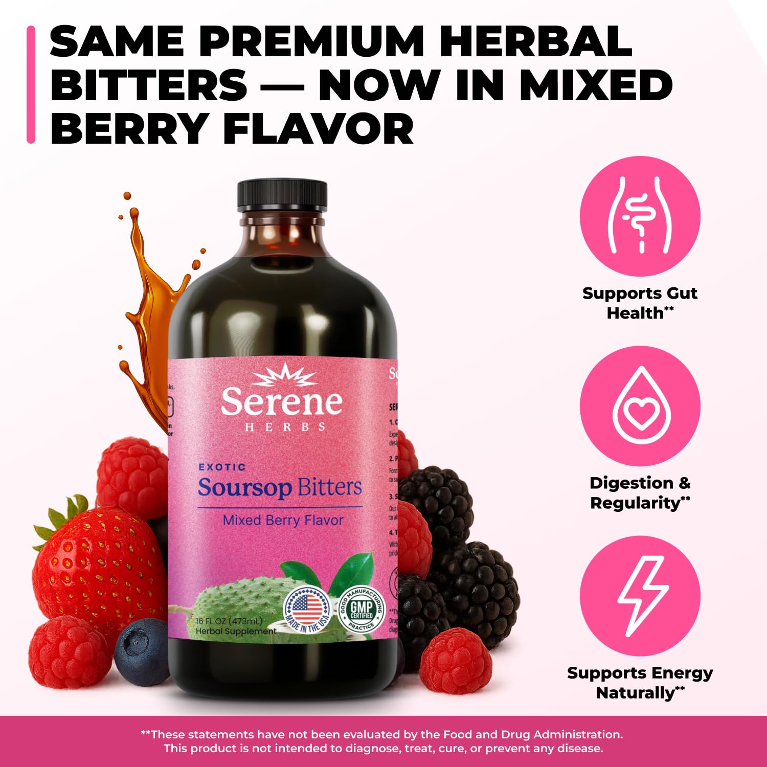 Serene Herbs Soursop Bitters Liquid with Soursop Leaves for Gut Cleanse, Detox & Immune Boost with Black Seed, Moringa, Irish Moss, Ashwaganda, Turmeric,(16 Fl Oz (Pack of 1), Mixed Berry) — Amazon image 2