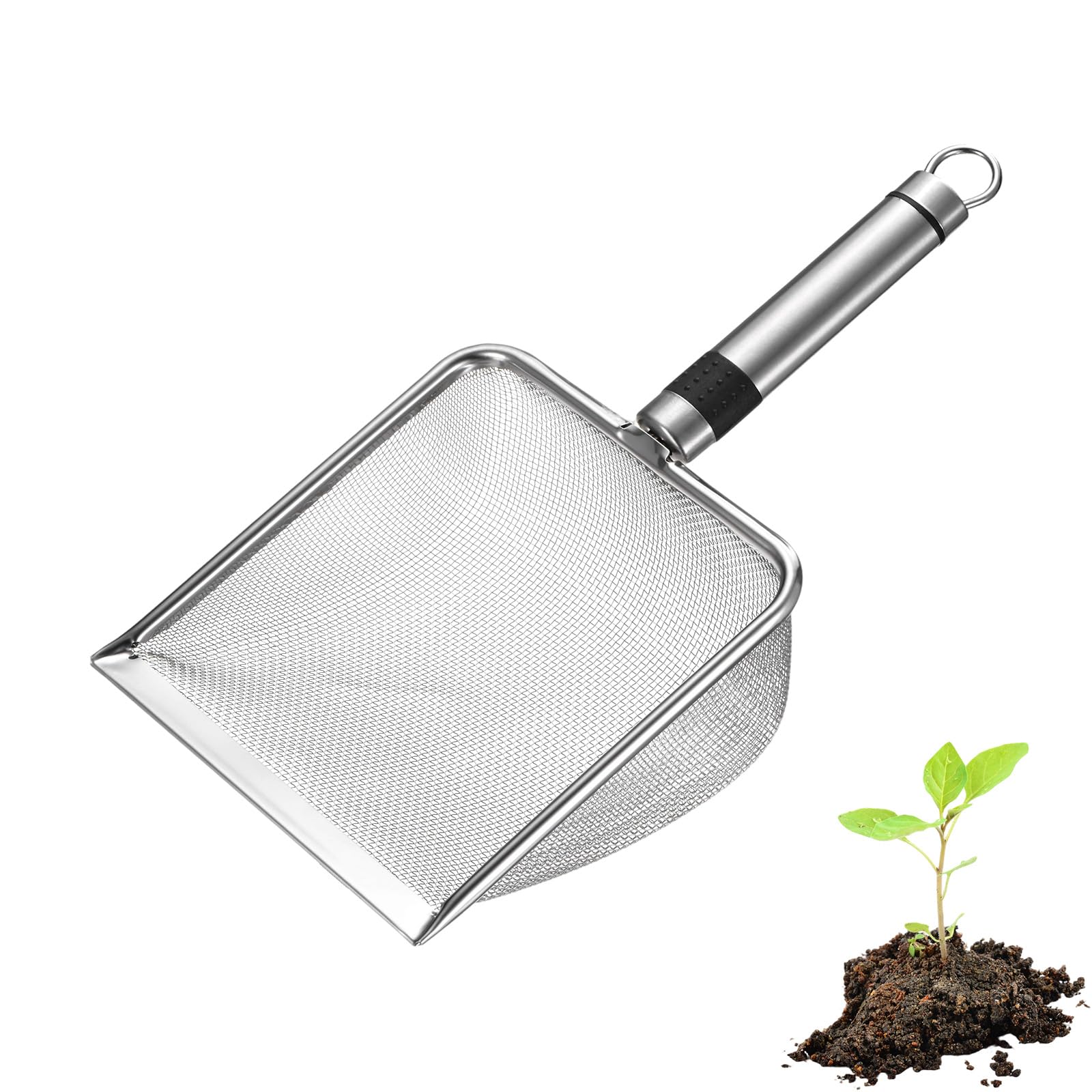 M METERXITY 1-Pack Gardening Soil Sifter, 1.5 mm Mesh Stainless Steel Sand Soil Compost Sieve with Stainless Steel Handle for Sand/Dirt/Rock Compost, Screen Potting Scoop [Silver Tone]