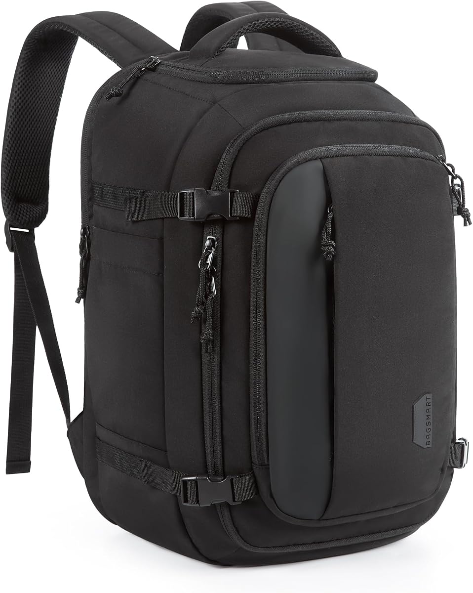 BAGSMART Mochila de viaje resistente al agua de 28 L, puerto USB, portátil de 17,3", negro