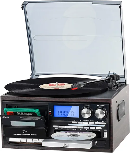 9-in-1 Retro Turntable with Built-in Speakers, Reocrd Player with Bluetooth, AM/FM Radio, CD, Cassette, USB/SD Playback, Remote Control, and Headphone Jack