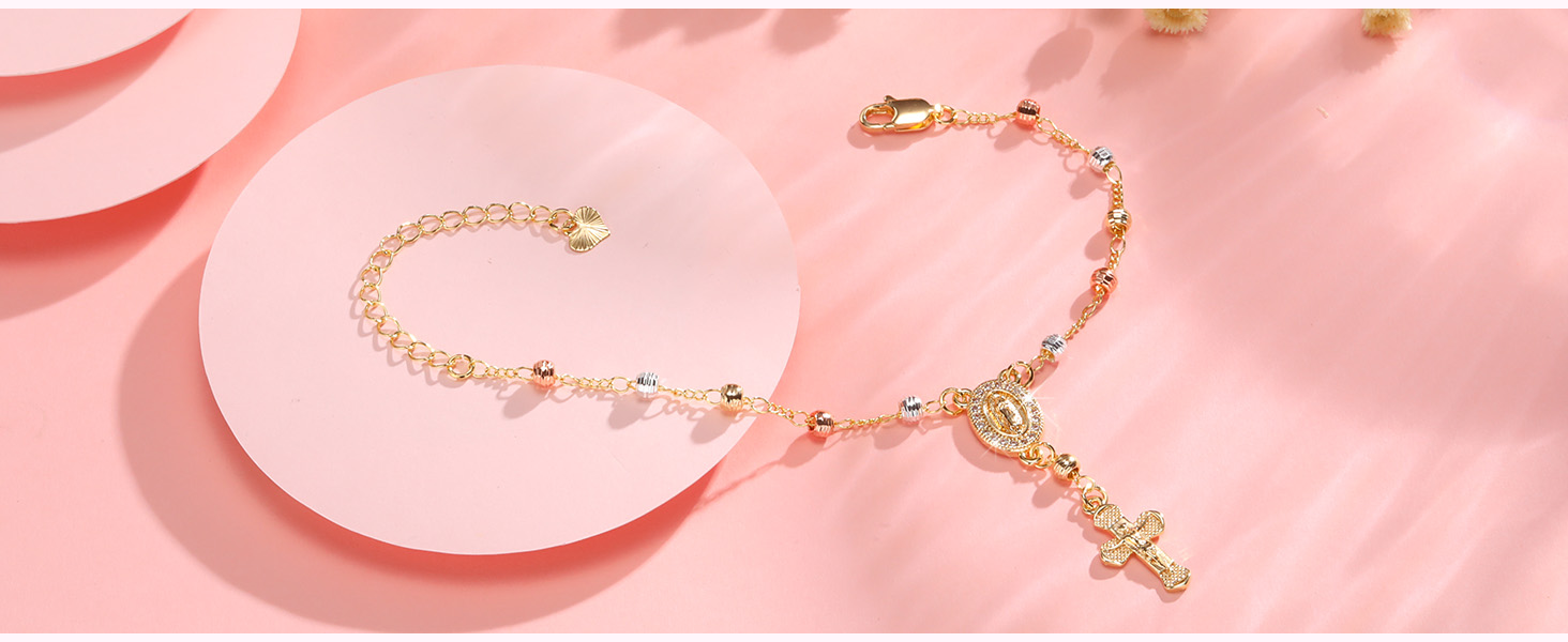 Catholic Crucifix Gifts Rosary Bracelet for Women-14K gold plated Virgin Mary Jesus Cross Charm Link Chain, Dainty Virgen de Guadalupe Religious Gift for Confirmation Baptism First Communion Easter