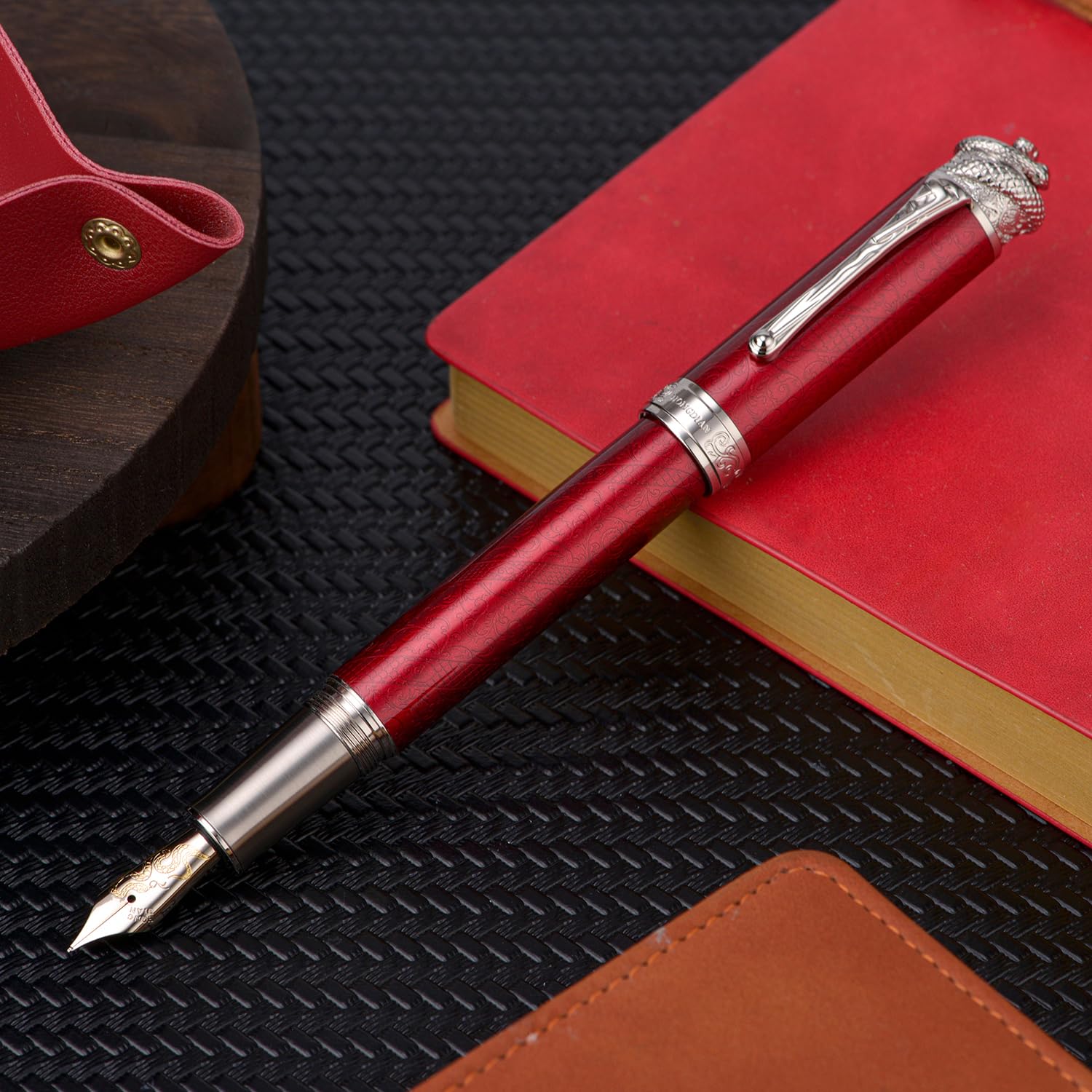 Hongdian N25 Piston Fountain Pen, Extra Fine Nib Snake Stereoscopic Carving Design with Metal Case Set (Wine Red) - Image 4