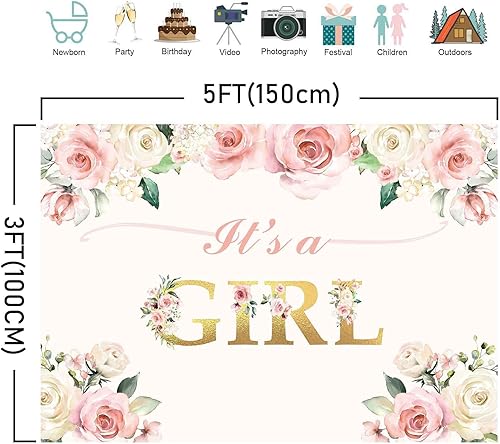 Miniatura 5 de Fondo de fiesta con texto en inglés "It's a Girl" para baby shower, decoración de fiesta, acuarela, fondo floral rosa, fondo de fotografía, regalos