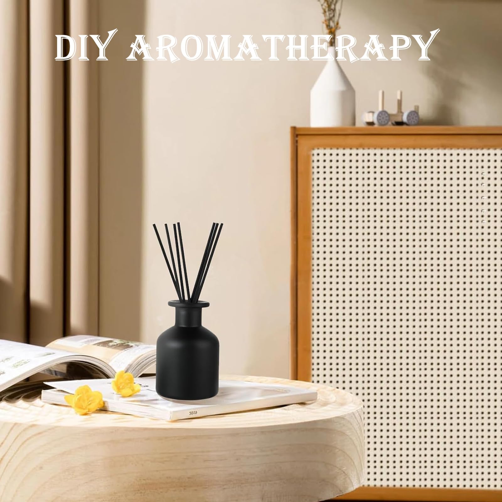 2 szklane butelki z dyfuzorem, 150 ml, dyfuzor zapachowy, z 10 patyczkami, do zapachu atmosfery i aromaterapii, do domu, biura, wymiany DIY (czarny)