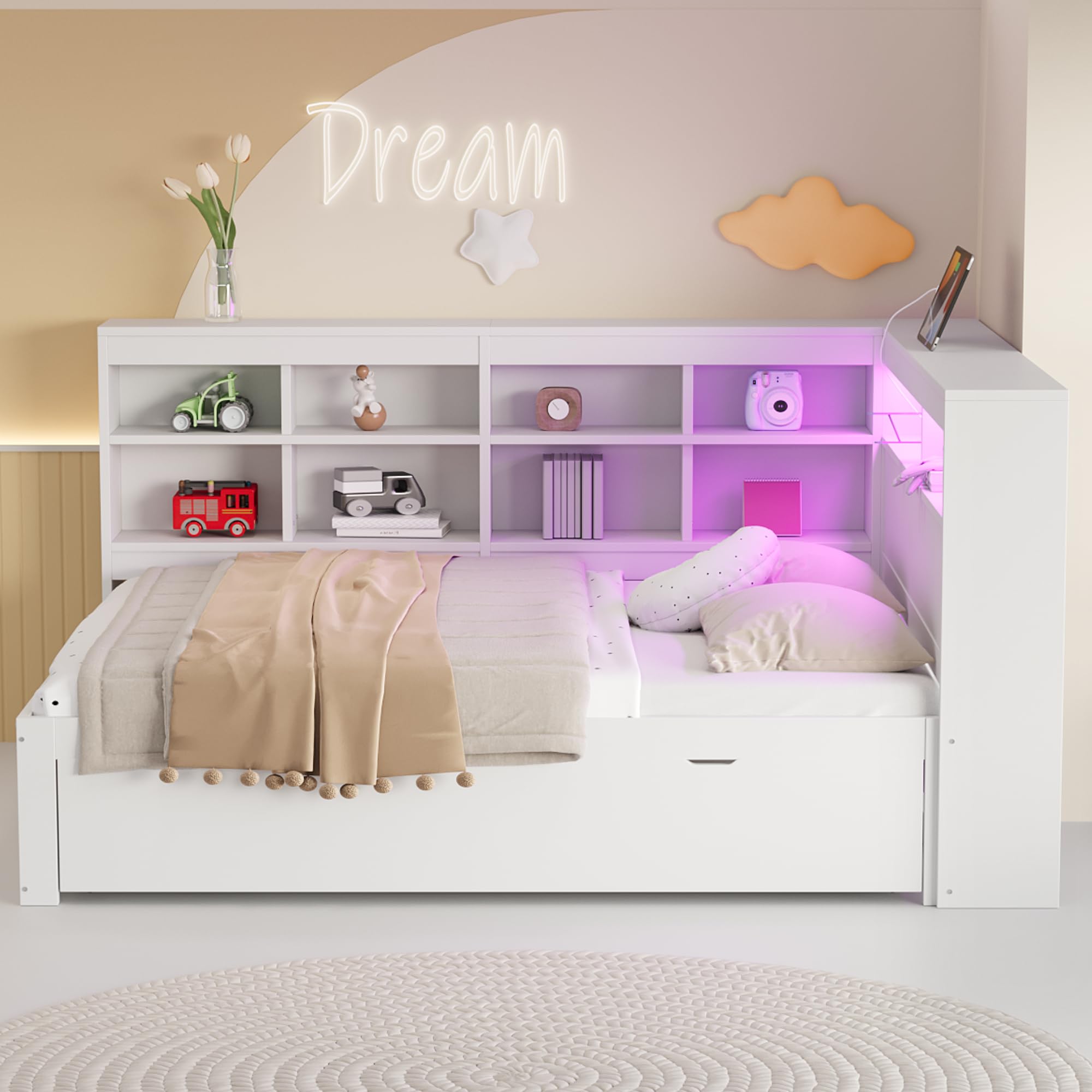 Kehun Doppelbet Sofabett 140x200 cm mit LED und USB Port, Schlafsofa Tagesbett mit Stauraum Schubladen und Ablagefach Kopfteil, Holzbett Bett mit Lattenrost aus Holz, Weiß, Ohne Matratze