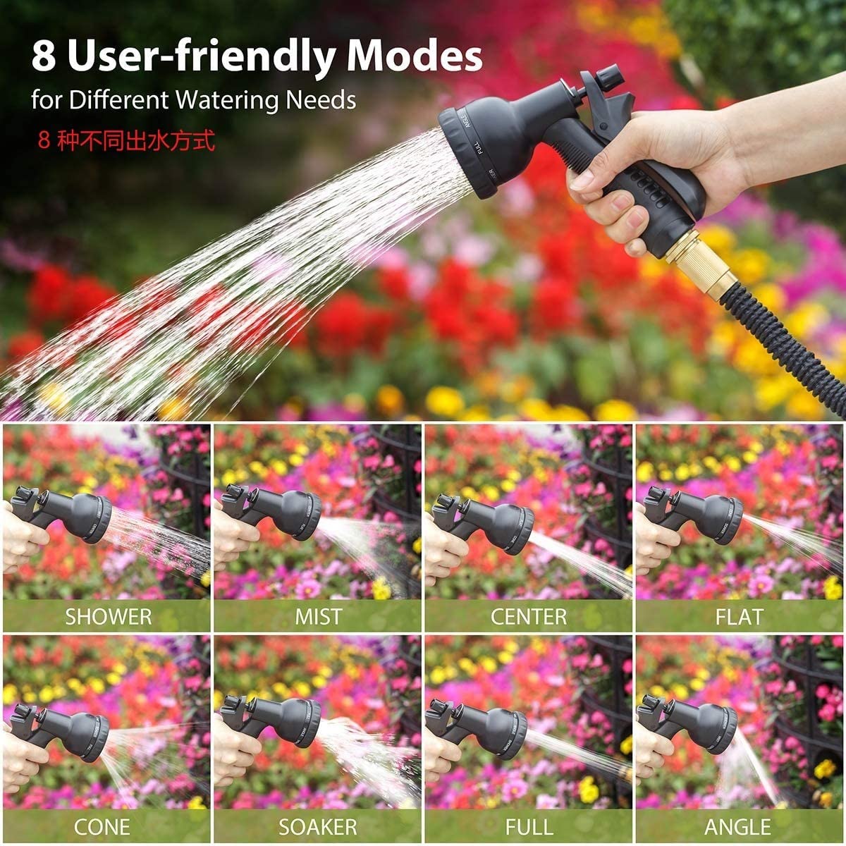 Tubo del Tubo da Giardino espandibile Leggero - 8 Funzione Spray Gun, flessibilità Senza Bacino - Include Custodia e Gancio for Una Facile conservazione 5 0ft Nero