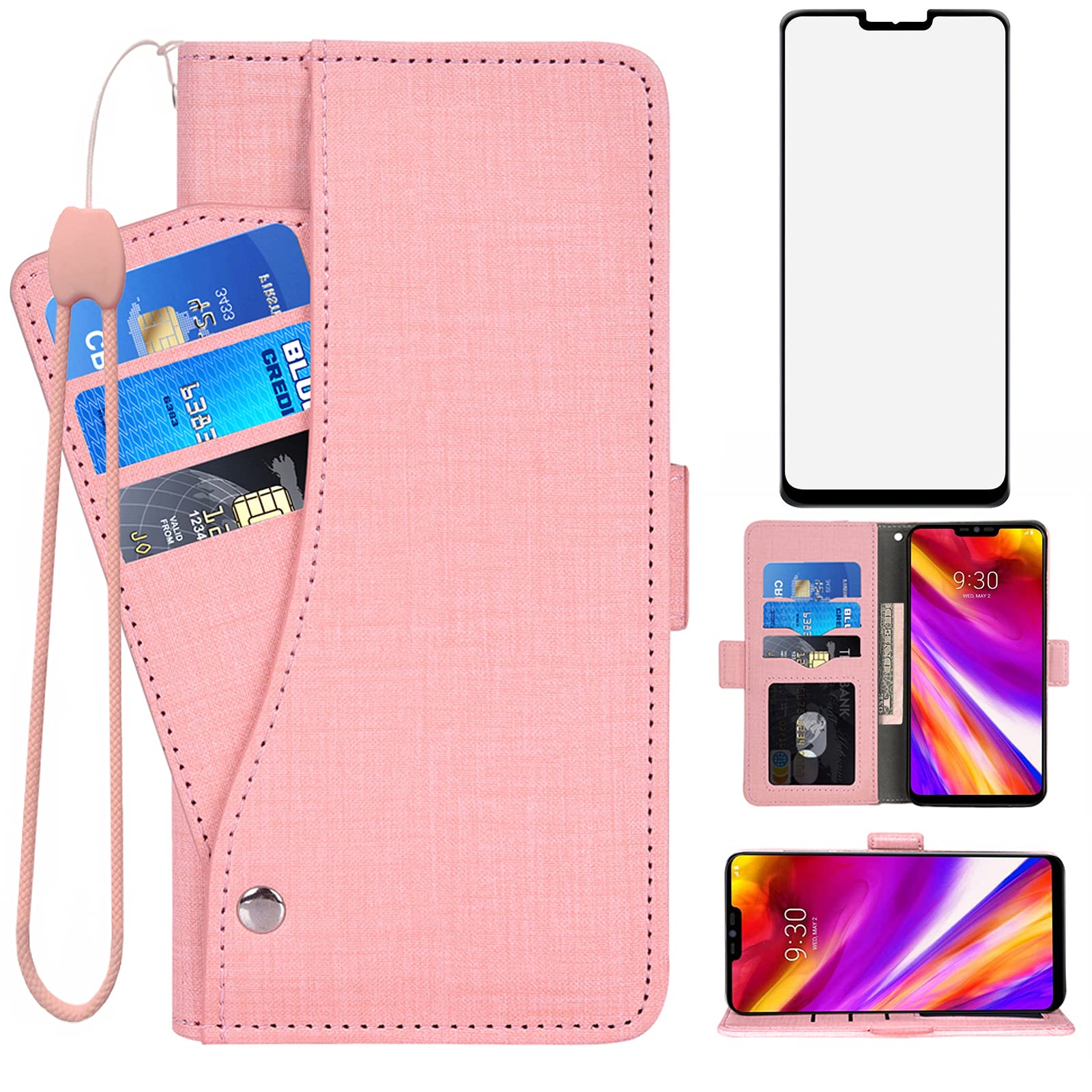 Asuwish Compatible with LG G7 ThinQ Wallet Case and Tempered Glass Screen Protector Flip Cover Card Holder Cell Phone Cases for LGG7 One G 7 Plus LG7 Fit LG7ThinQ 7G Thin Q G7+ G7thinq LGG7thinq Pink