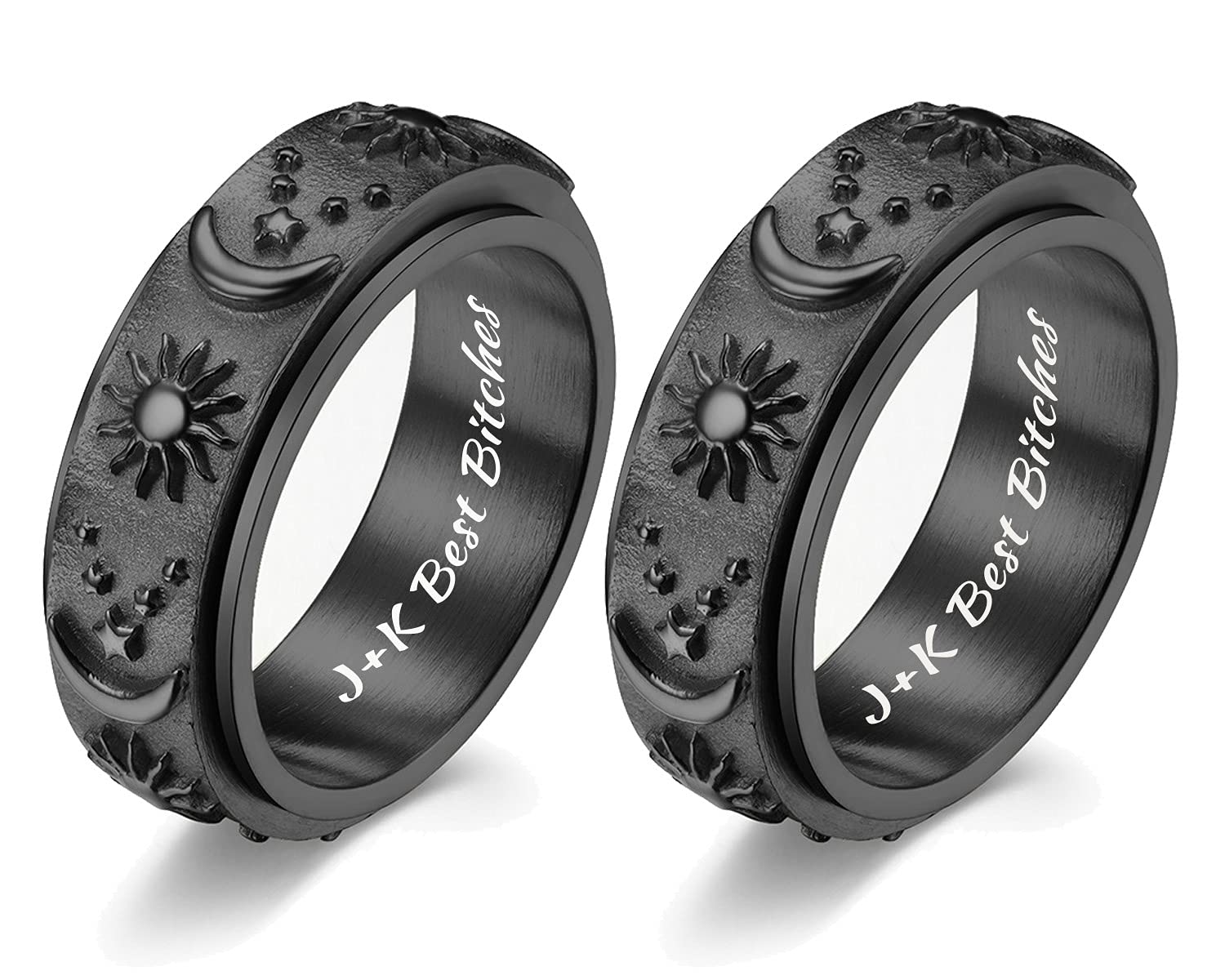 MZZJ Personalized Best Friend Rings for Vintage Boho Moon Star Sun Fidget  Anxiety Spinner Ring BFF Friendship Couple Ring for Stainless Steel Flat