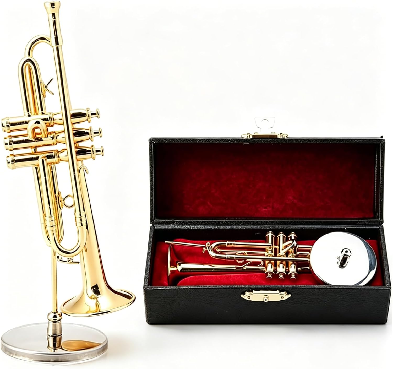 Miniature Trumpet Figurine, 5.1×1.6in Gold Mini Trumpet Model with Stand and Velvet Case Realistic Musical Instrument Replica for Desk Decor Musician Gift