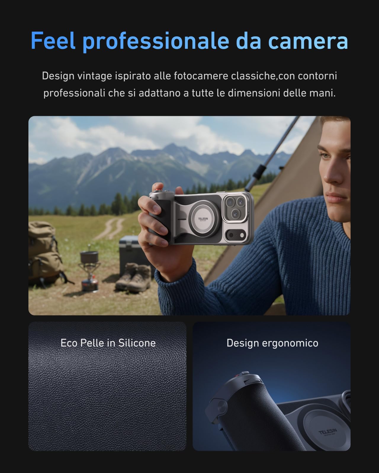 TELESIN Master Grip Kit, Magnetica Impugnatura per MagSafe/iPhone/Android, Integrata 3200 mAh Batteria, Ricarica Wireless, DSLR Stile Impugnatura per Foto/Video, Kit con Custodia per iPhone 17 Pro Max