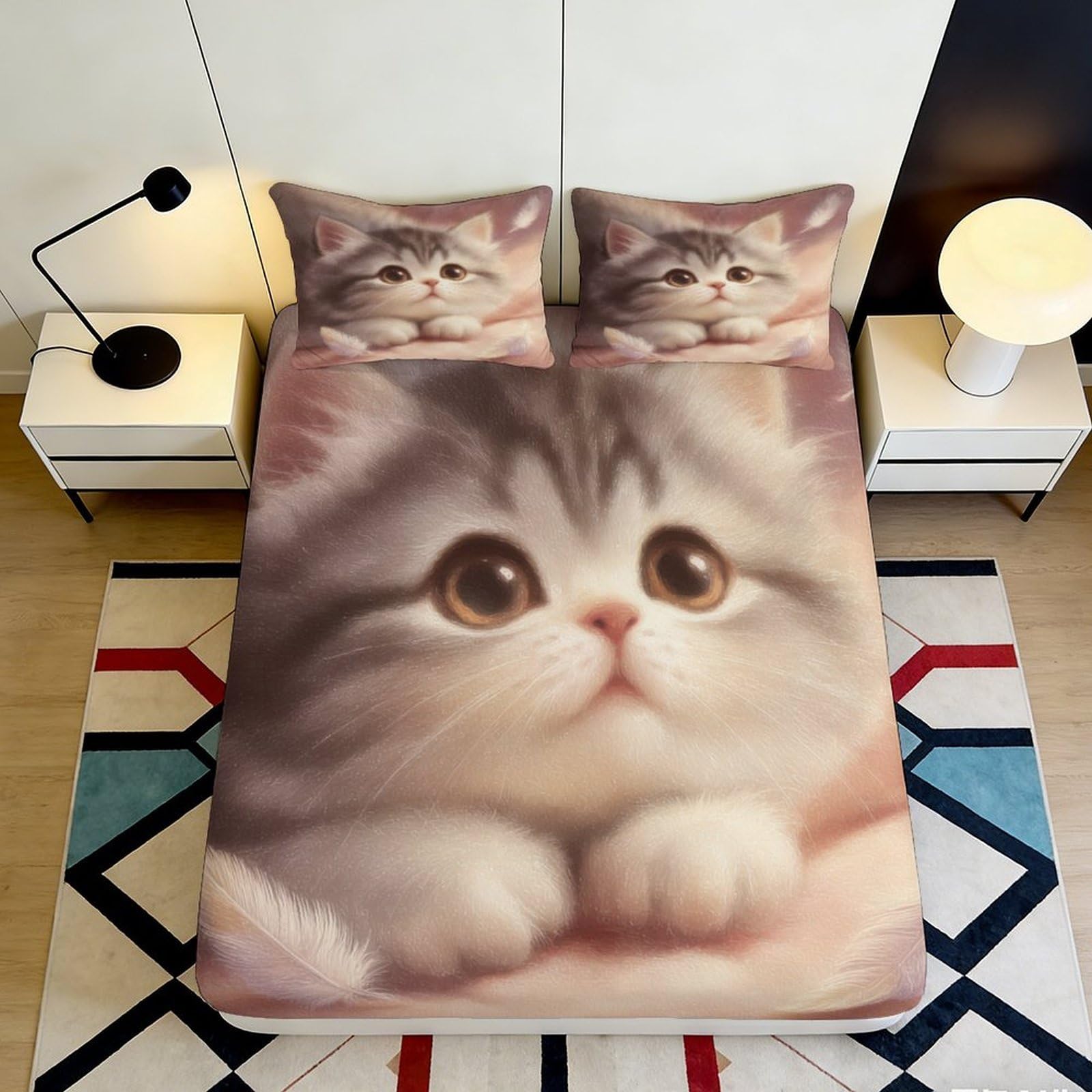 3D Printed Grey Tabby Cat Fitted Sheet Microfiber Soft Mattress Cover Anti-Slip Machine Washable Bedding for Bedroom Dorm Decor 90x200x25cm